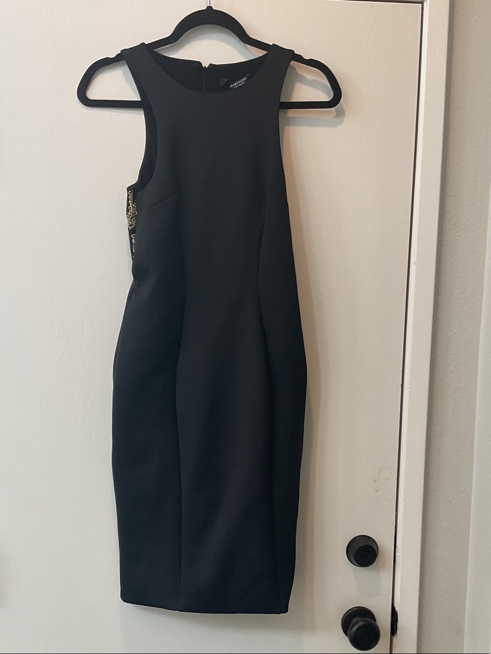 Marciano Black Sleeveless Midi Sheath Dress with Side Sequin Detail